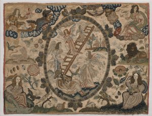 ジェイコブスはしご、浮き彫り刺繍、1660年頃（絹刺繍） 作： English School